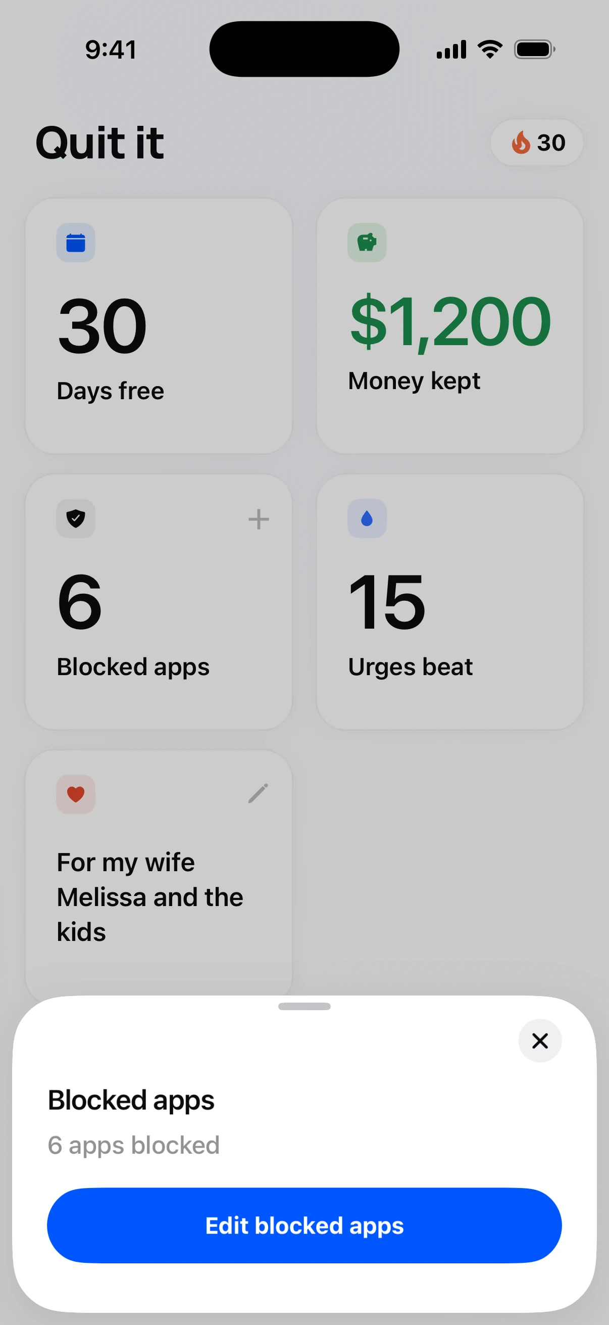 Quit it blocked apps sheet: 6 apps blocked, edit blocked apps