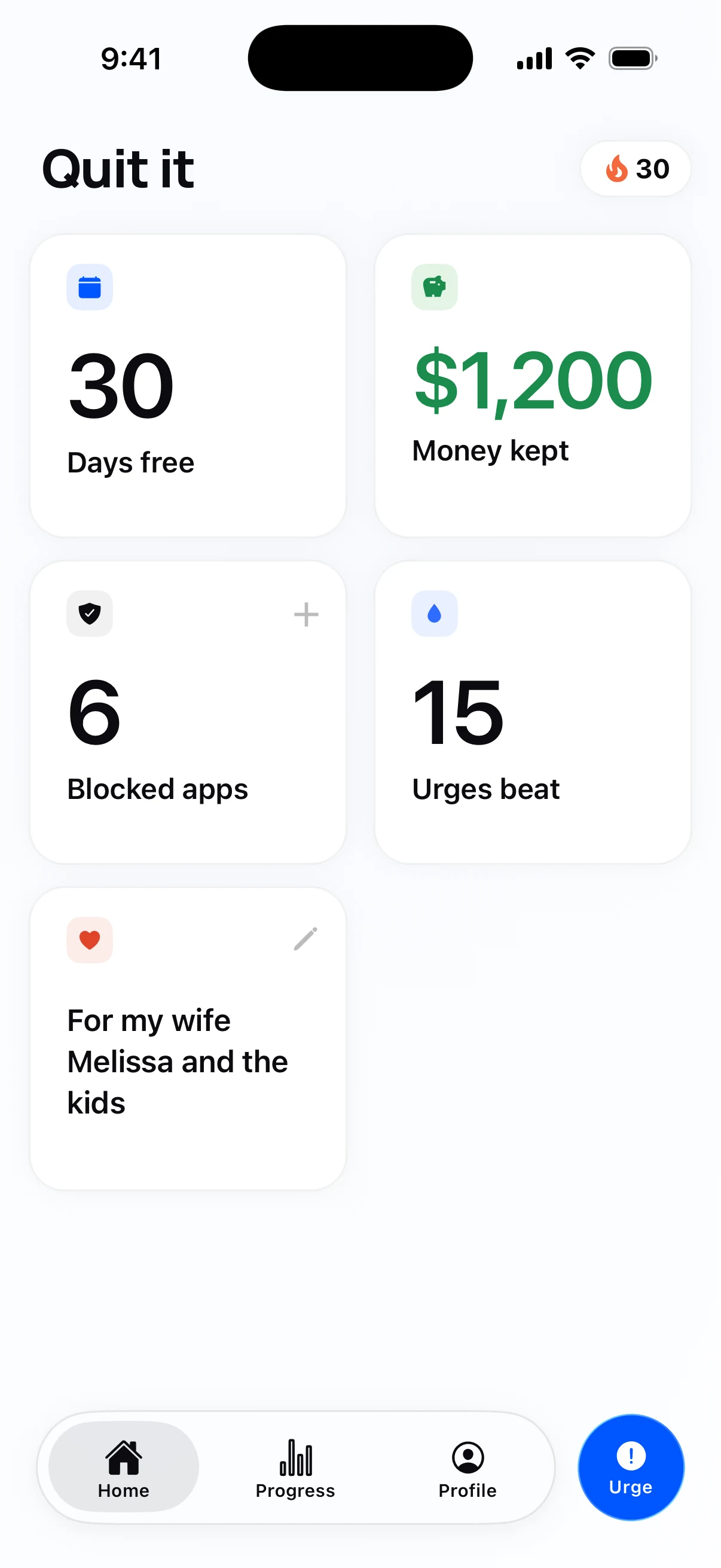 Quit it home screen: 30 days free, $1,200 kept, 6 apps blocked, 15 urges beat